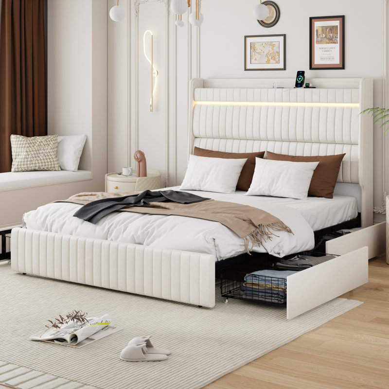 Upholstered Bed Frame With 4 Drawers, Bed With Storage Headboard And Charging Station
