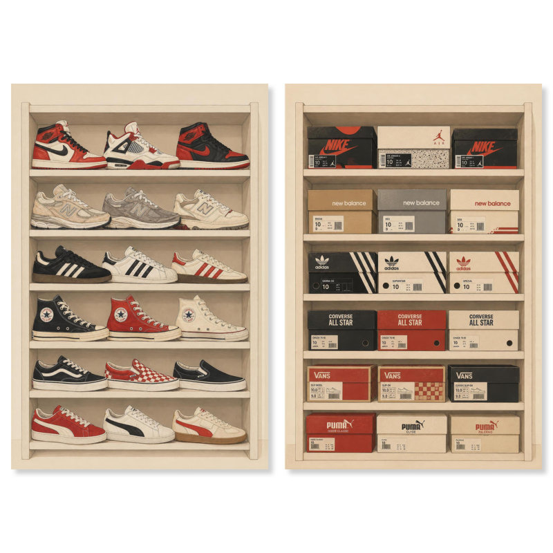 Ensemble de décoration murale pour chambre d'étudiant : étagère à chaussures élégante imprimée sur toile, par Art Remedy, châssis entoilé, 10 x 15 pouces.
