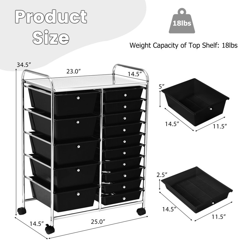 Barksdale 15-Drawer Utility Rolling Organizer Cart, Black