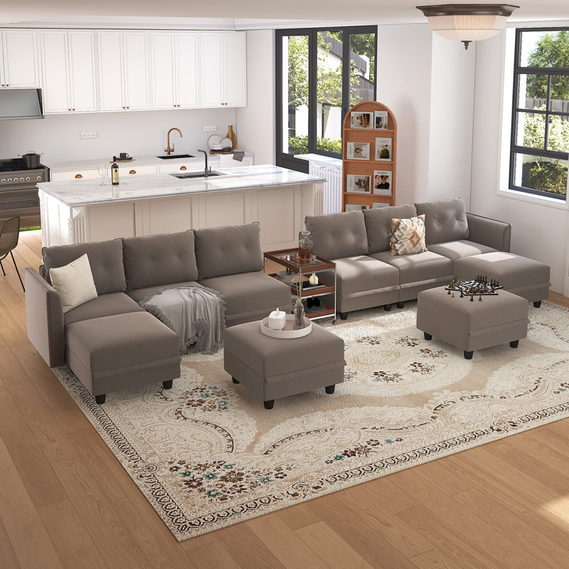 Ensemble de salon modulaire à 3 bras courbés avec rangement Zendajas, Mélange de polyester brun clair