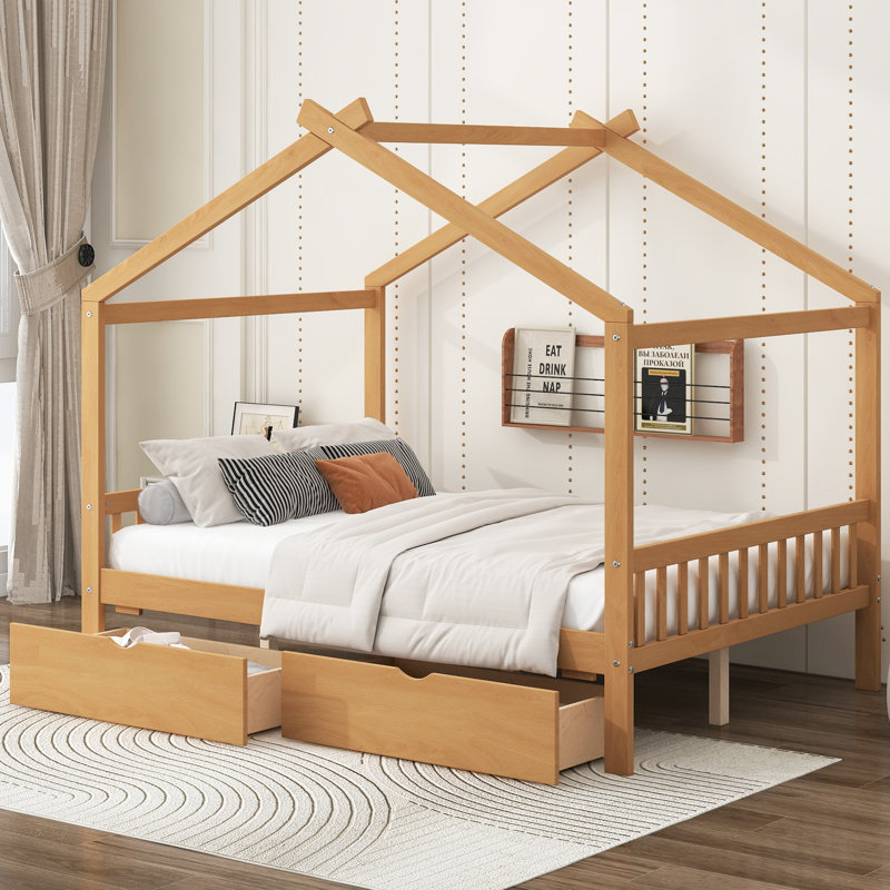 Lit plateforme House avec tiroirs, tête et pied de lit, toit, Naturel
