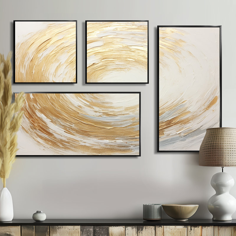 Vortex doré doux et doré - Art moderne sur toile, 4 pièces, Impression encadrée sans passe-partout, Noir