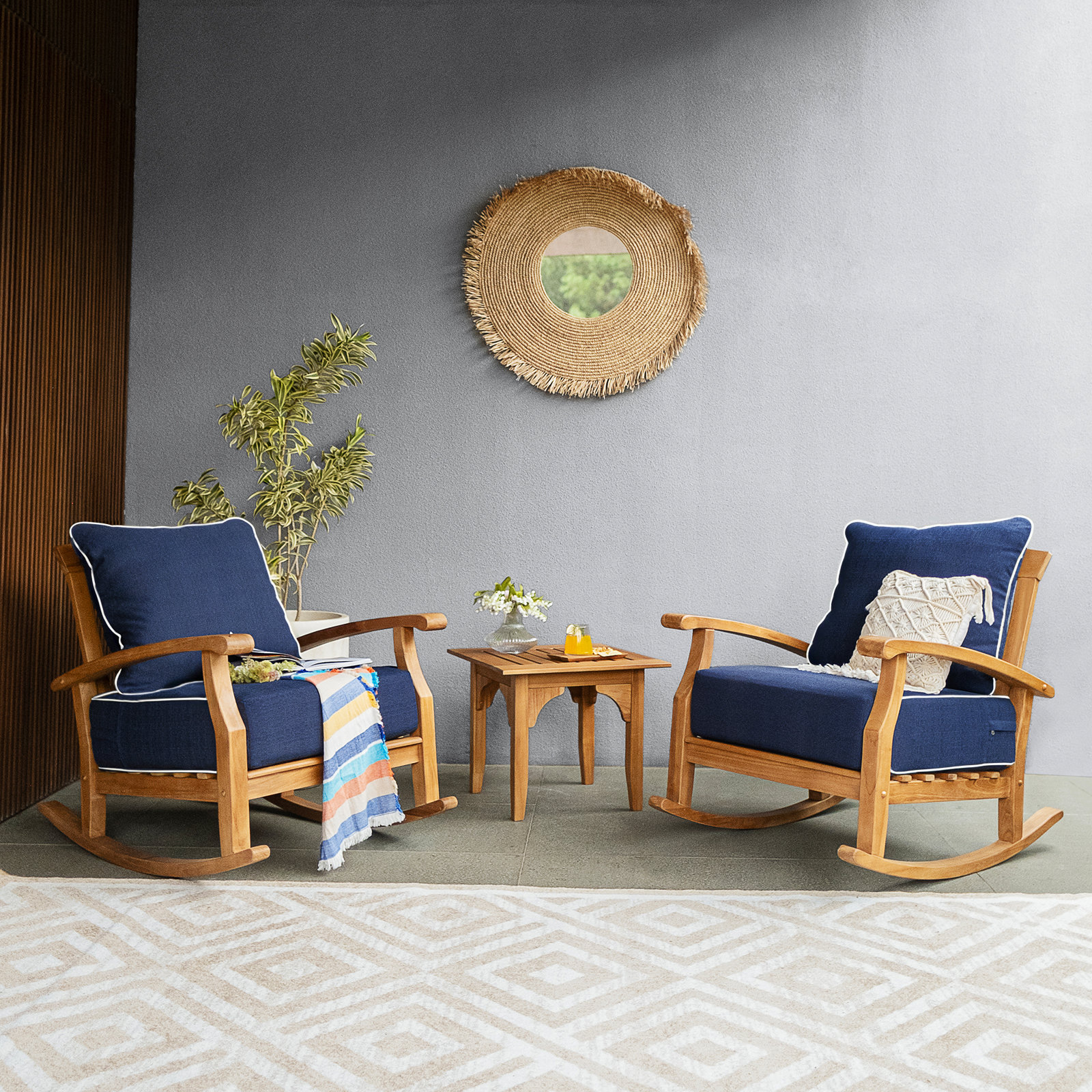 Summerton Seating Group with Cushions , Natural/Navy White Piping