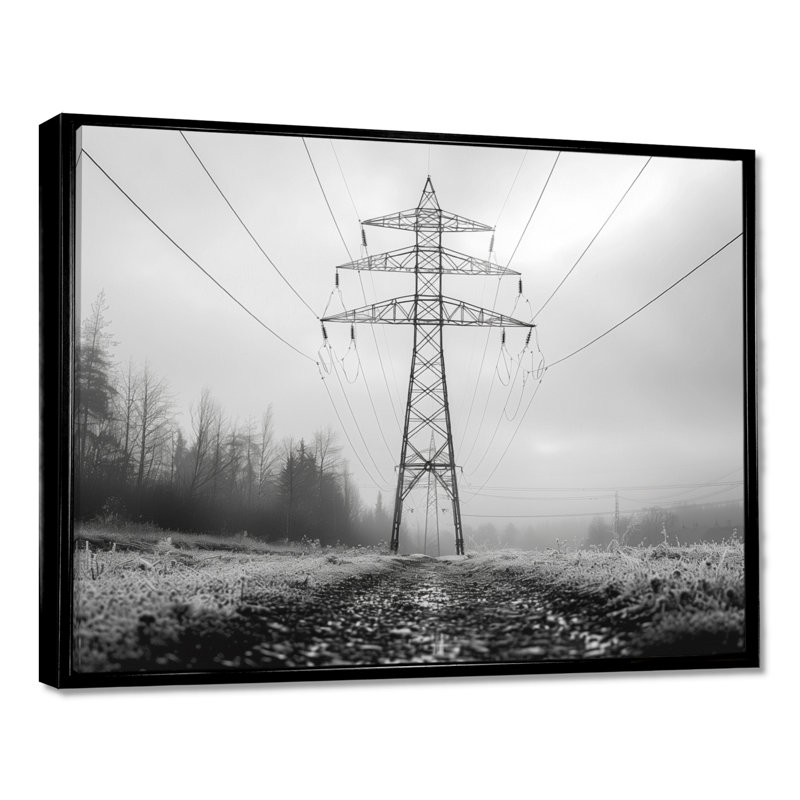 Monochrome Grey Winter Electric Aura Power Lines - Power Lines Wall Art Living Room, 34" H x 44" W, Black Floater Framed