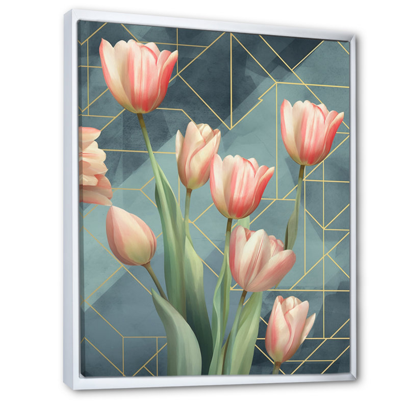 Tulipe géométrique - impressions murales florales, H 40 po x l 30 po x P 1,5 po, Cadre flottant blanc