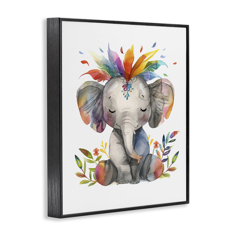  «Rainbow Blooms Elephant Giclee» par LSR Design Studio, H 14 po x l 11 po, Giclée encadrée noir minuit