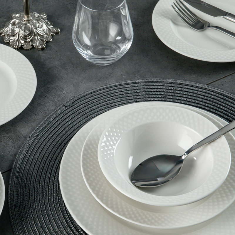 Elegant 24-Piece Dinner Set, White 100% Porcelain | Includes 6 Service Plates (9.8 x 9.8 in), 6 Cake Serving Plates (7.5 x 7.5 in), 6 Plates (7.5 x 7.5 in), 6 Bowls (5.5 x 5.5 in) | Dishwasher & Microwave Safe, Perfect for Entertaining