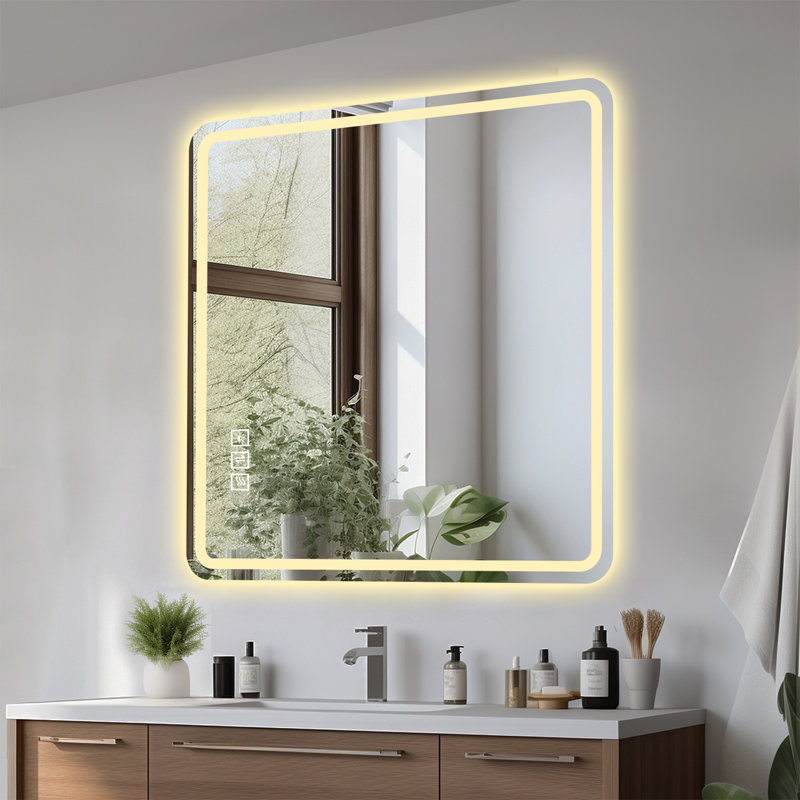 Miroir de salle de bain à DEL avec anti-buée et éclairage à intensité variable 3 couleurs,  36 po x 36 po, Carrée
