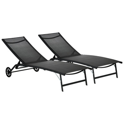 Chaise longue d'extérieur Outsunny, chaise longue 2 pièces avec roulettes, chaise de bronzage avec 5 positions réglables pour la terrasse, la plage, la cour, la piscine, noir