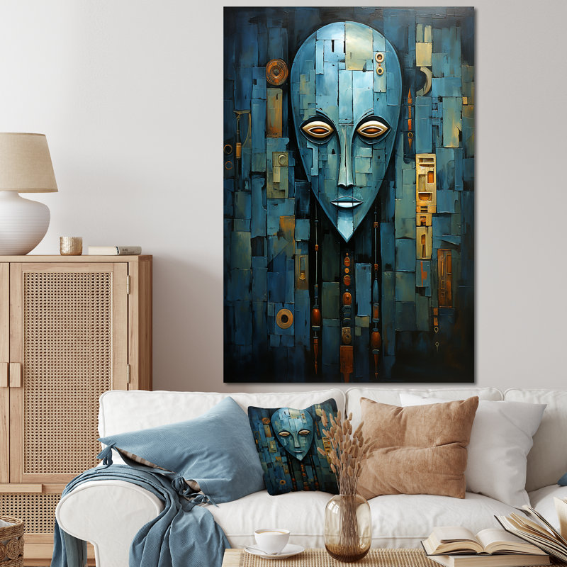 Blue Serenity African Mask - Masque africain, art mural, Toile tendue, H 32 po x l 16 po