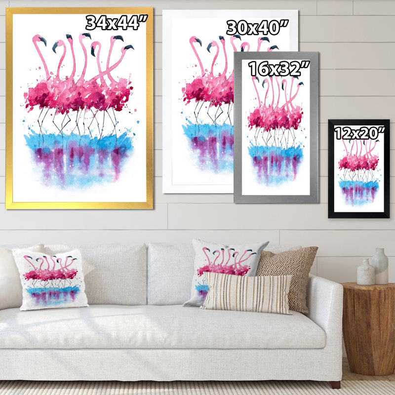 Flamants roses sur l'eau bleue - Peinture sur toile, H 20 po x l 12 po x P 1 po, Cadre doré à coins fermés
