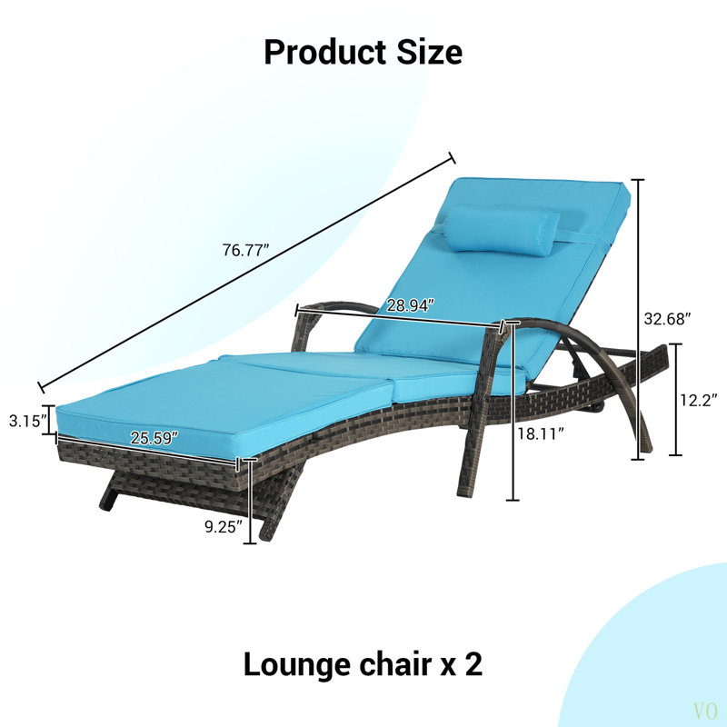 Ensemble de 2 chaises longues d'extérieur en osier avec coussins, chaise longue inclinable en osier, Bleu pâle