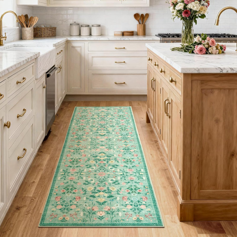 2x6 Floral Runner Rug, Washable Non Slip Foldable Rug for Hallway Kitchen, Green, Runner 2' x 6', Green