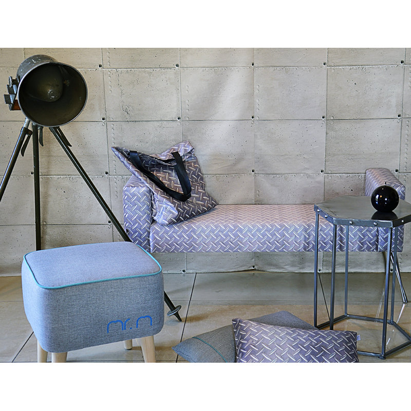 Mr.M 40cm Wide Square Footstool Ottoman, Grey/Turquoise