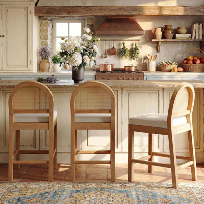 Tabourets de bar en bois avec dossier en rotin naturel (ensemble de 3)