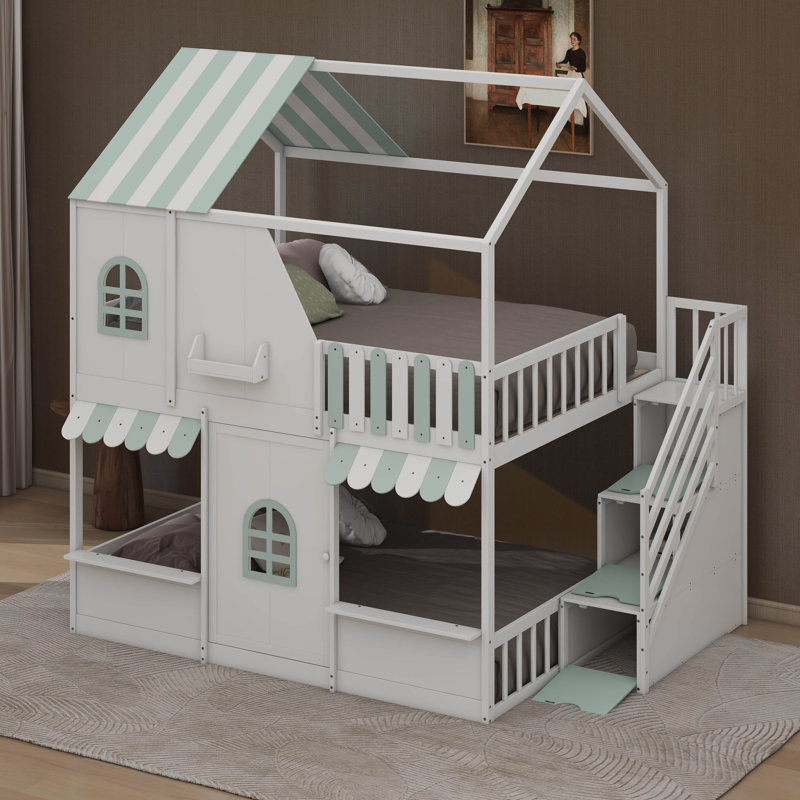 Structure de lit superposé double en bois pour enfants avec conception de maisonnette, toit et porte, marches de rangement et tablettes ouvertes