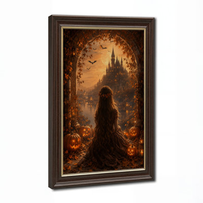 Art mural sur toile, "Girl look at Castle with Pumpkins and Bats"