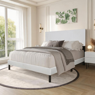 Full Size Platform Bed, Soft White PU Faux Leather, No Box Spring Needed Minimalist Contemporary Bedroom Furniture