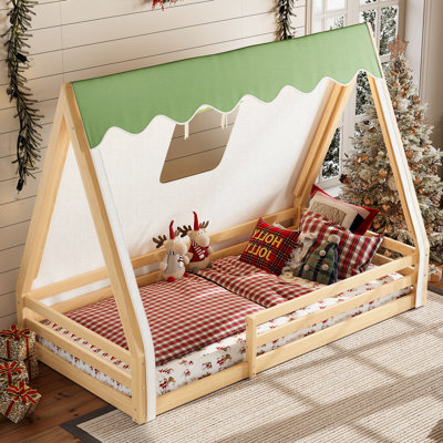Lit simple au sol avec tente et lumière, lit Montessori en bois massif avec garde-corps pleine longueur, naturel et vert