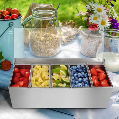 15-Inch Stainless Steel Ice Chilled Condiment Server – 5-Compartment Acrylic Caddy with Hinged Lid