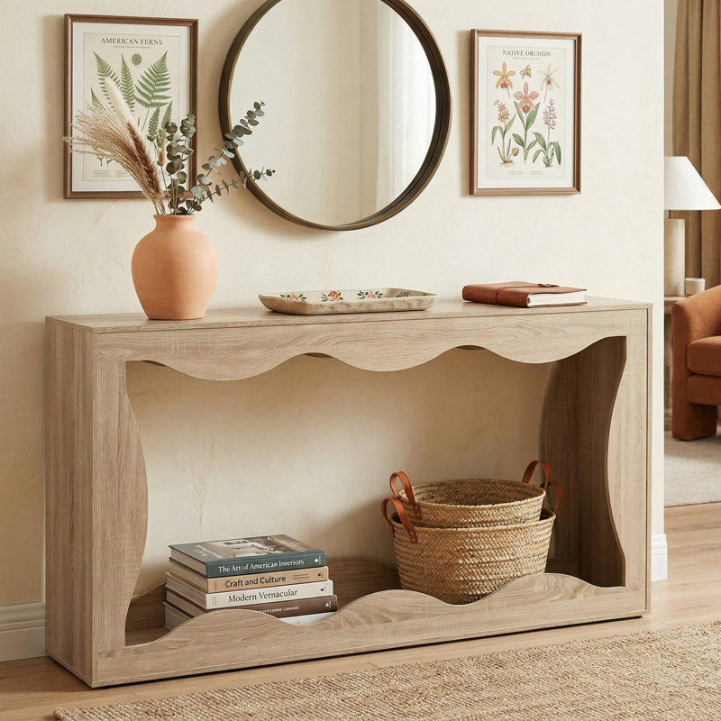 63" 2-Tier Narrow Entryway Console Table, Unique Wavy Edge Open Storage Shelf, Scratch-Resistant Finish & Anti-Tip Design, Fits Entryway, Living Room
