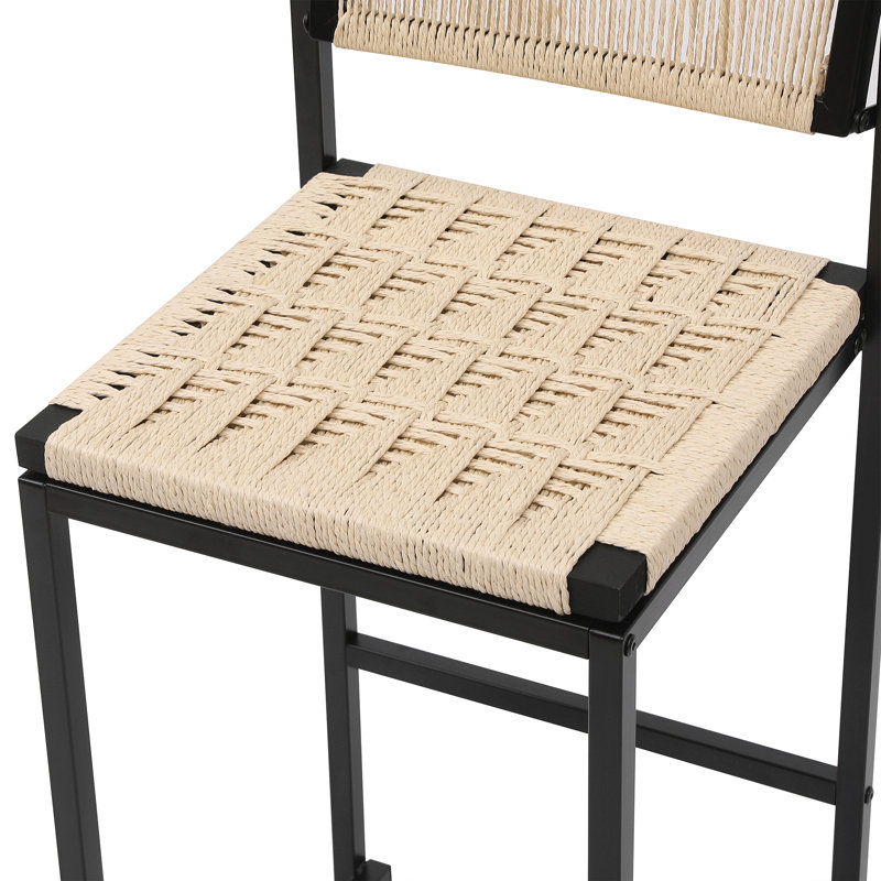 Et Of 2 Woven Bar Stools With Backrest Paper Rope Weave Dining Chairs For Kitchen Island, White