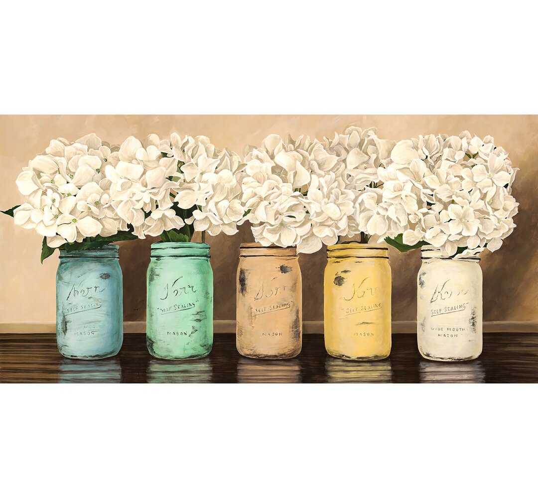 Leinwandbild Hydrangeas in Mason Jars von Jenny Thomlinson