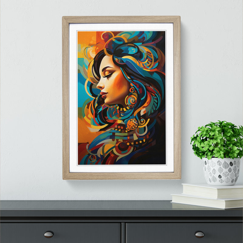 Indian Woman Orphism - Single Picture Frame Print on Wood, 64cm H x 46cm W x 2cm D, Oak 