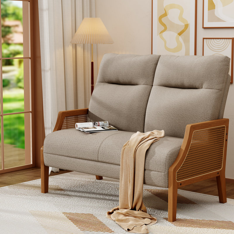 48" Upholstered Loveseat Sofa With Rattan Arms, Taupe