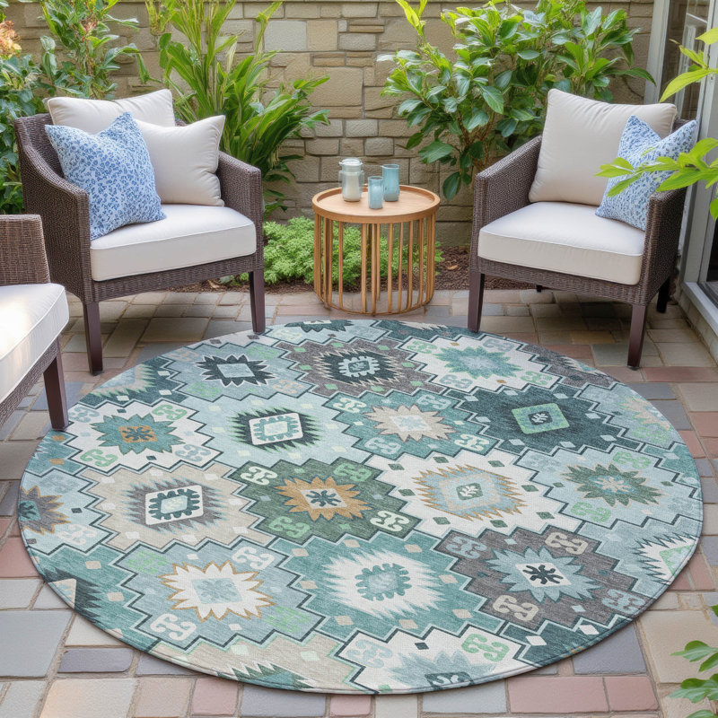 Tapis bleu sarcelle lavable à la machine intérieur / extérieur Xhevrie, Rond 8 pi