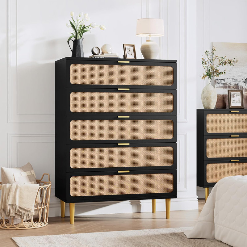 Rattan 5 Drawer Dresser, Black