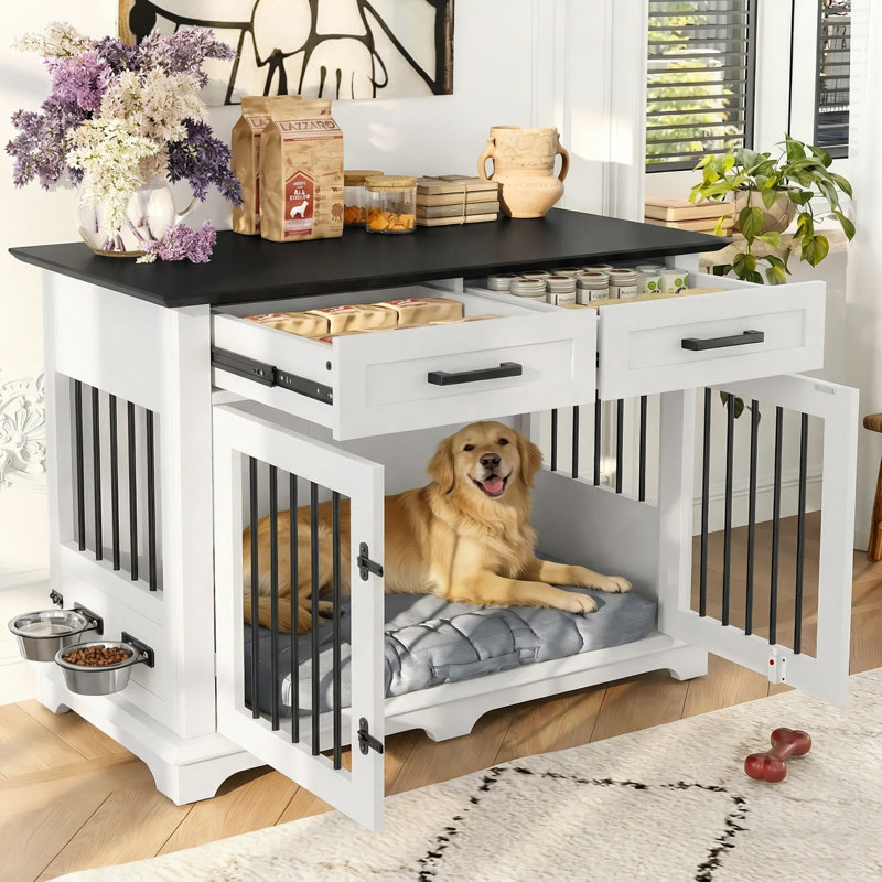 Grand meuble pour cage de chien, chenil d'intérieur en bois avec 2 tiroirs de rangement et bols rotatifs, niche pour chien de taille moyenne