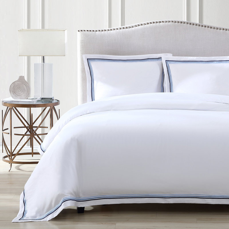 Triple Luxe Sateen Duvet Cover Set , Queen Duvet Cover + 2 Standard Shams, White/Ocean
