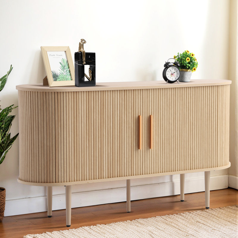 55" Sideboard Buffer Cabinet with Fluted Slide Doors,Tambour Storage Cabinet with Shelves, Natural