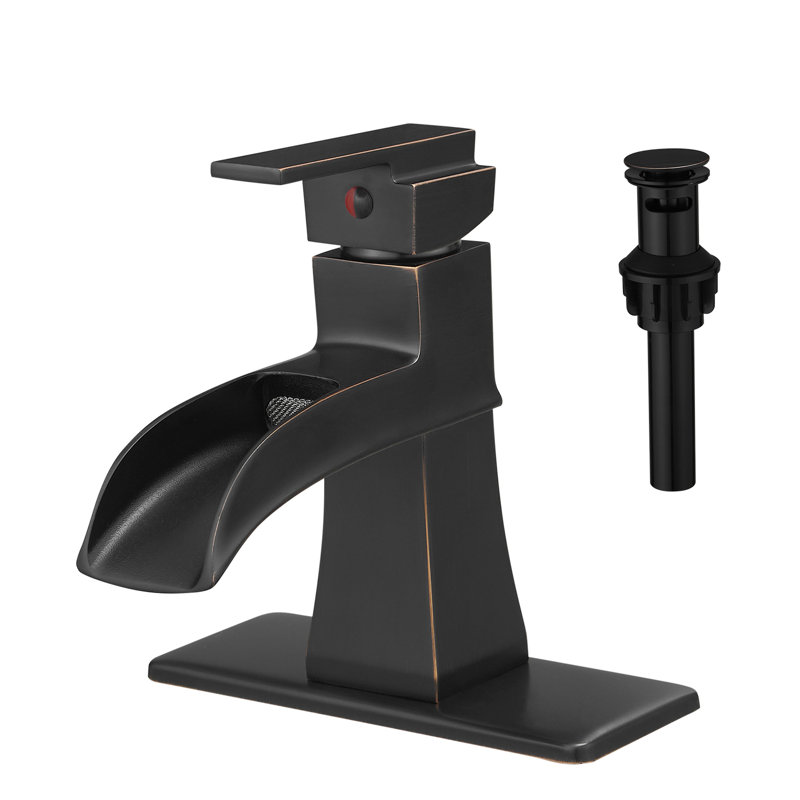 Modern Bathroom Faucet With Deck Mounted Waterfall , Pop Up Drain, Supply Lines, Bronze Finish, Side , Manual Control, Ceramic Filler Plate, Control