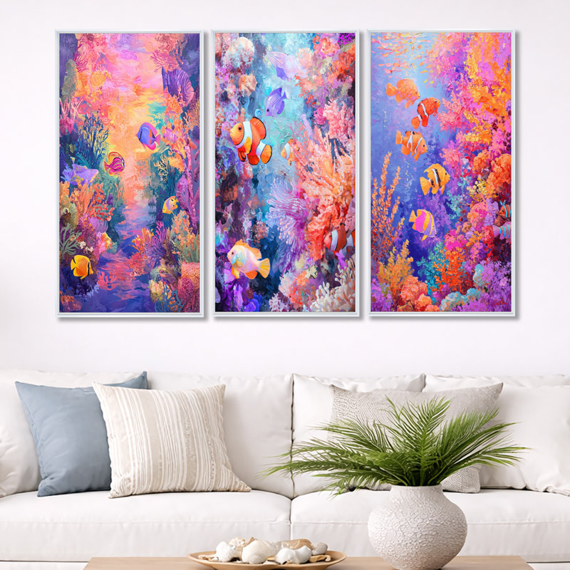 Coral Reef Fish Paradise - art mural encadré 3 pièces, 40" H x 60" W, White Floater Framed