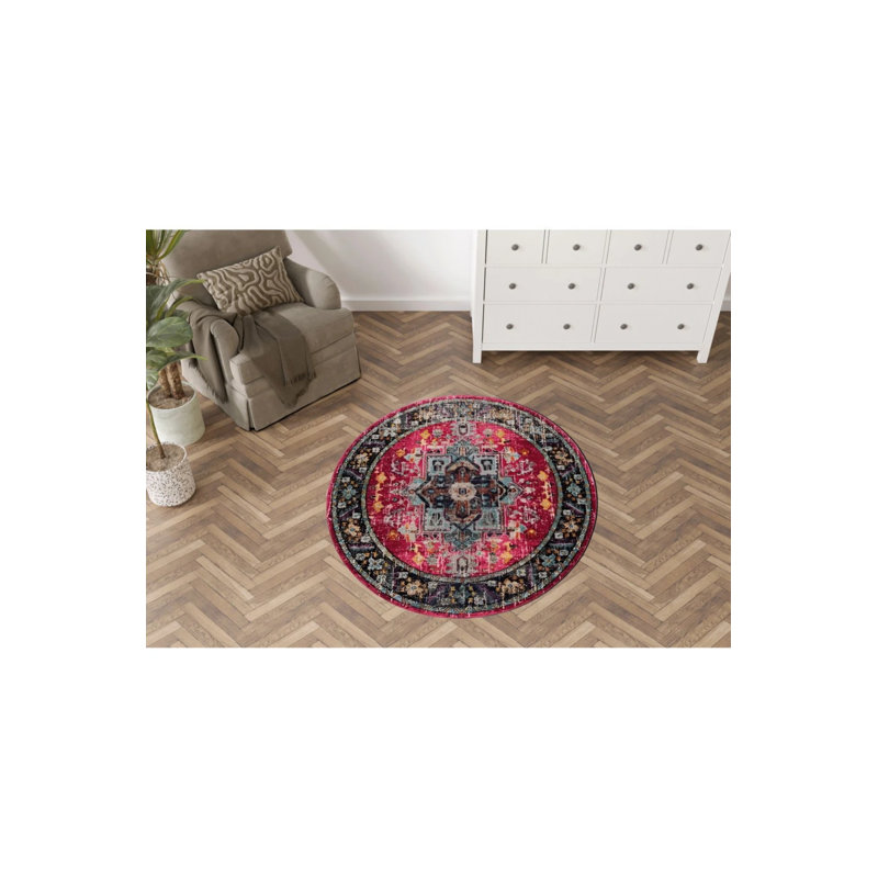 Red Black Themed Multicolored Motif Vintage Woven Base Round Decorative Carpet, Round 3'4"