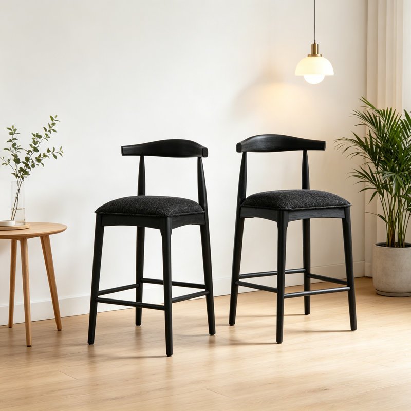Ensemble de 2 tabourets de bar rembourrés en tissu noir, tabourets de bar à hauteur de comptoir sans accoudoirs modernes pour îlot de cuisine, salle à manger et bar personnel
