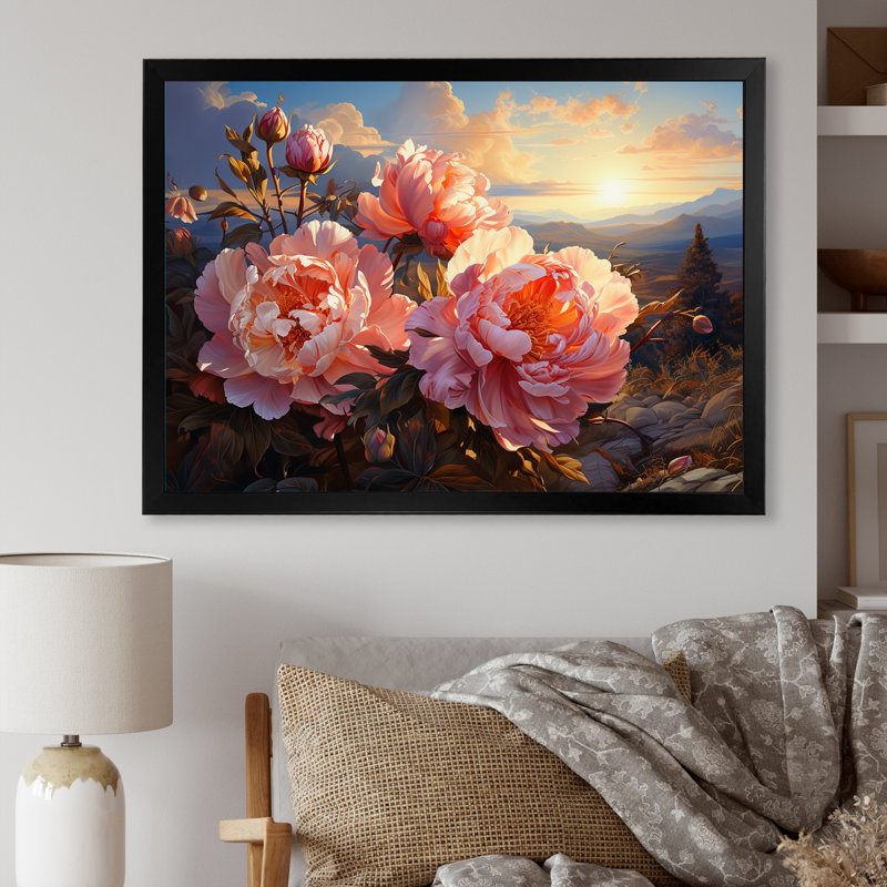 Pivoines magiques au coucher du soleil I, H 34 po x l 44 po x P 1,5 po, Cadre photo noir simple