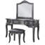 Meuble-lavabo gris avec tabouret, pieds fuselés, miroir à moulures couronnées florales, trois tiroirs élégants de style contemporain, miroir à ajouter