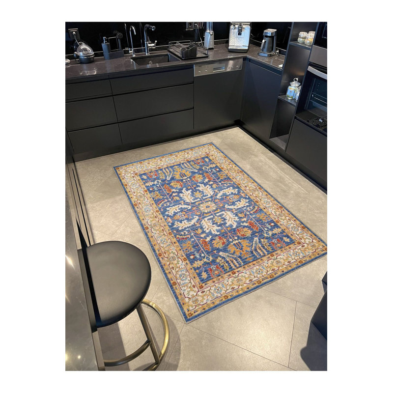 Tapis bleu lavable décoratif à motif floral traditionnel bleu, Sous-tapis carré 3 pi 3 po inclus