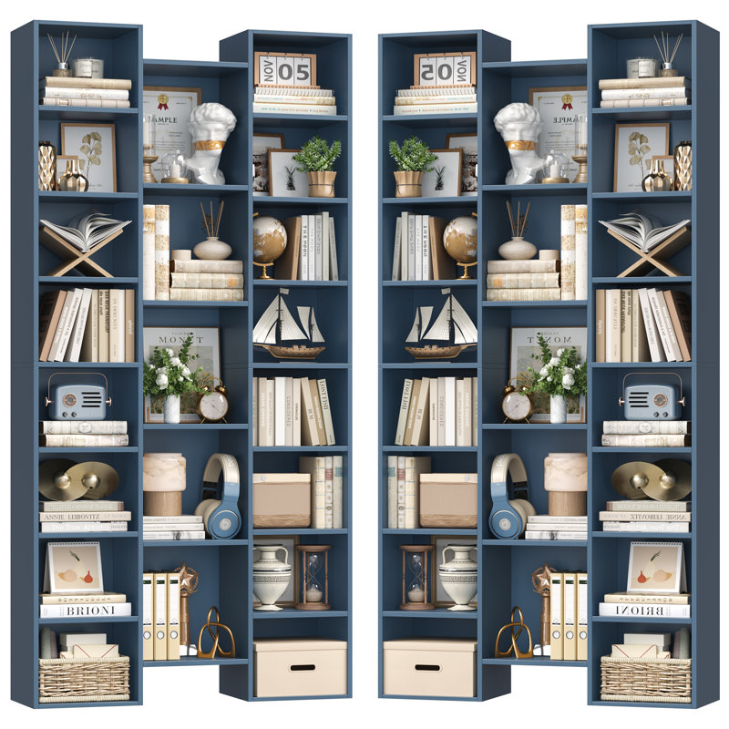 📖✨ 2-Pack 8-Tier Bookcase Set, 21-Cube Storage Bookshelves Unit With Adjustable & Removable Shelves, Prussian Blue