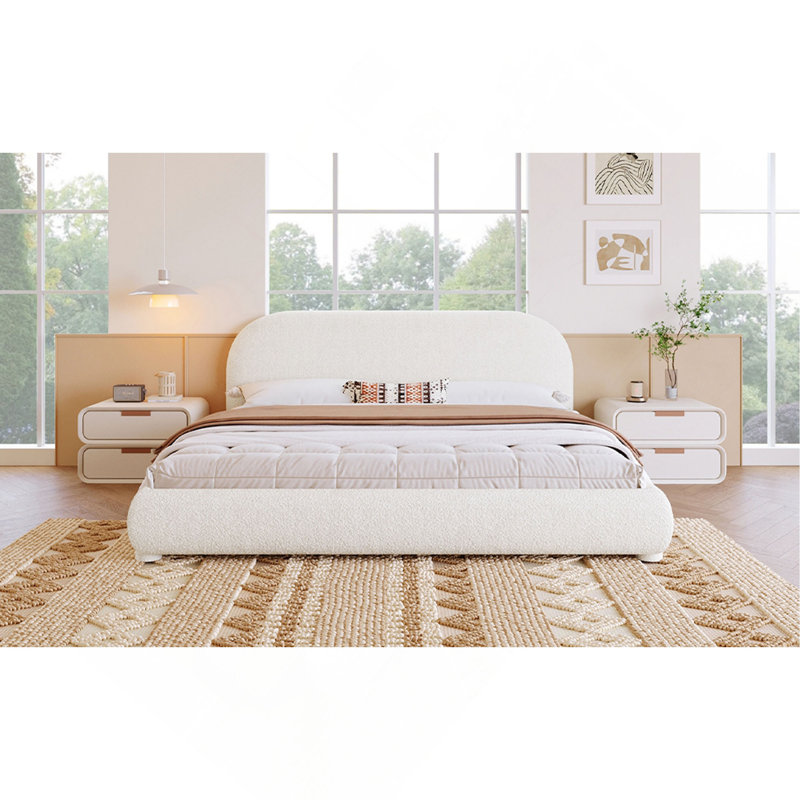 Lit tapissier, lit double simple moderne, Crème, Très grand lit