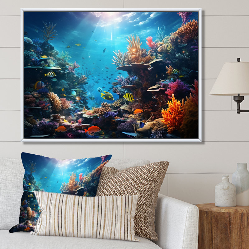 Corail, paysage marin I - reproductions d'art mural côtier, H 34 po x l 44 po x P 1,5 po, Cadre flottant blanc