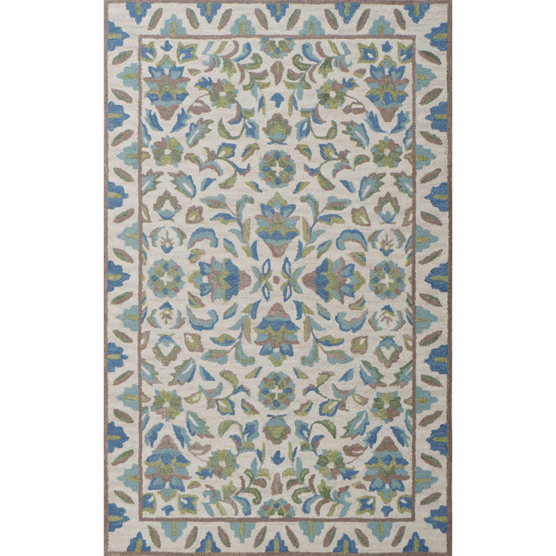 Lugano Hand-Tufted Wool Loop Pile Indoor Rug Traditional Bordered Cream Blue Green, Rectangle 5' x 8'