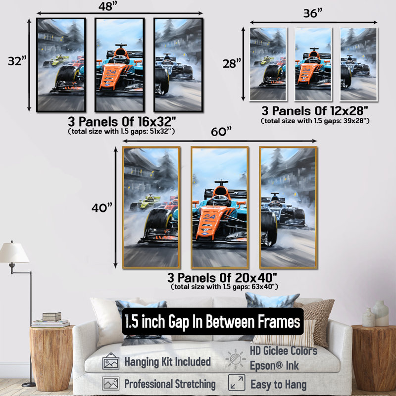 Orange et bleu, voiture de course, art mural, H 28 po x l 36 po x P 1 po, Cadre flottant noir