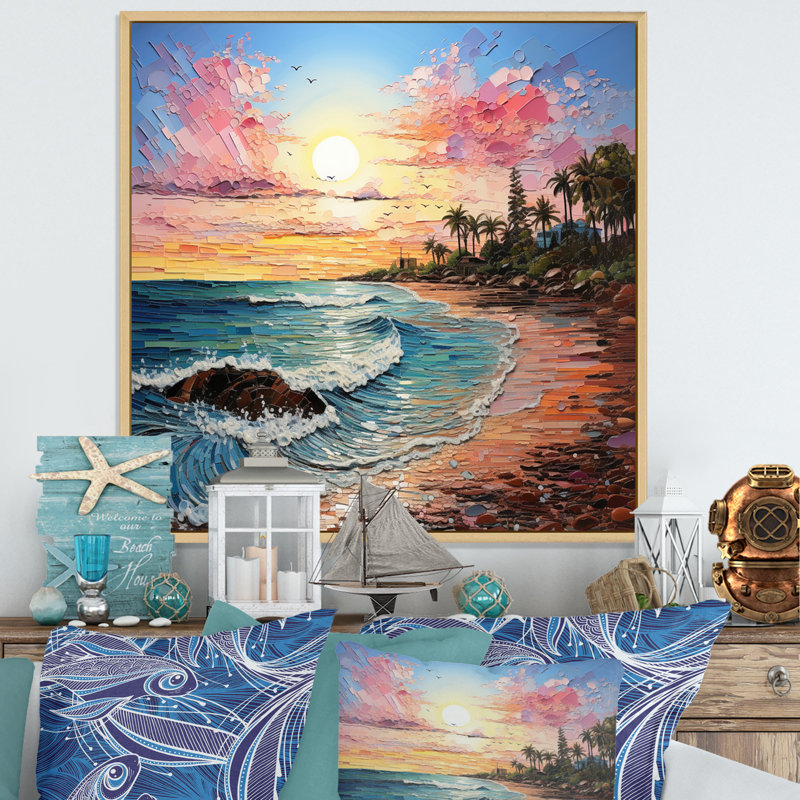 Colourful Beach Landscape I - Nautical & Beach Wall Art Living Room, H 24 po x l 24 po, Cadre photo blanc