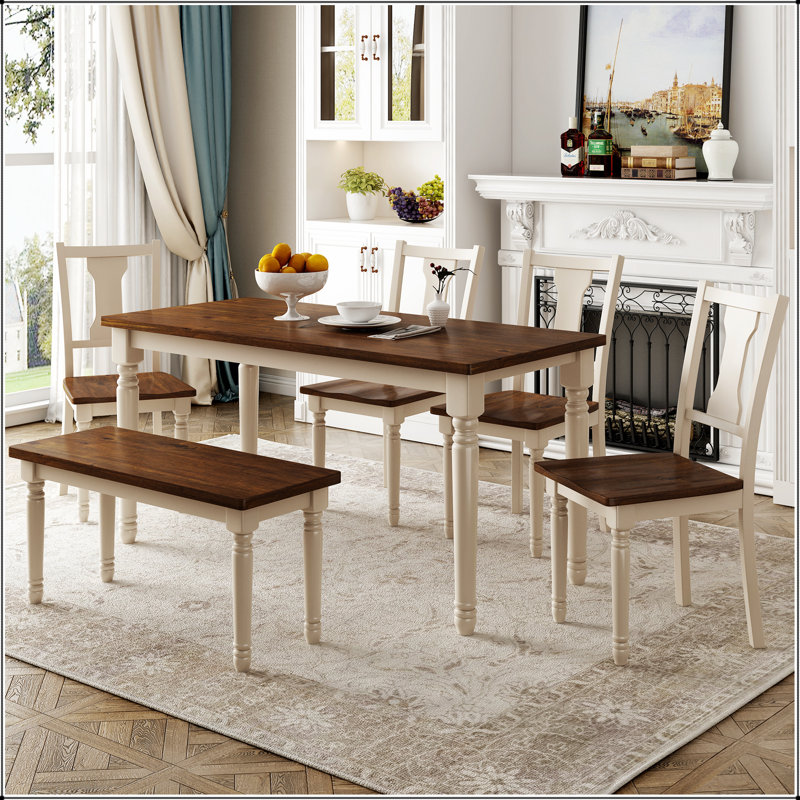 6-Piece Dining Set Wooden Table and 4 Chairs with Bench for Dining Room