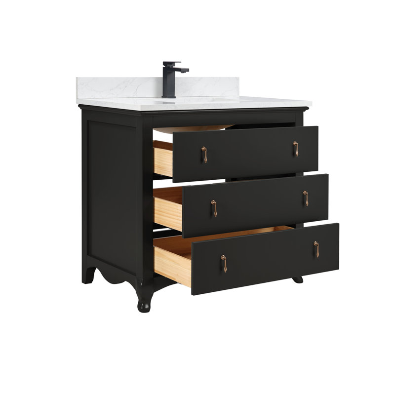 36" Cadet Finish Solid Wood Sink Vanity  With 1' Artificial Stone Top, Tricon Black
