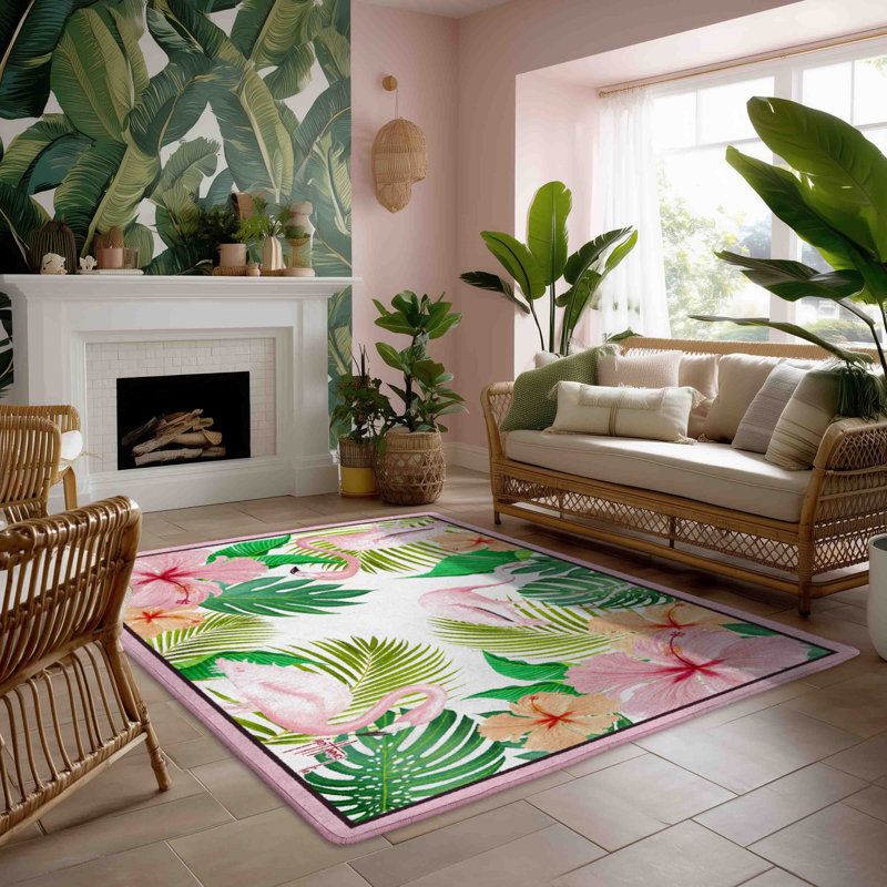 Guy Harvey Flamingo Floral Area Rug, Rectangle 5'4" x 7'8"